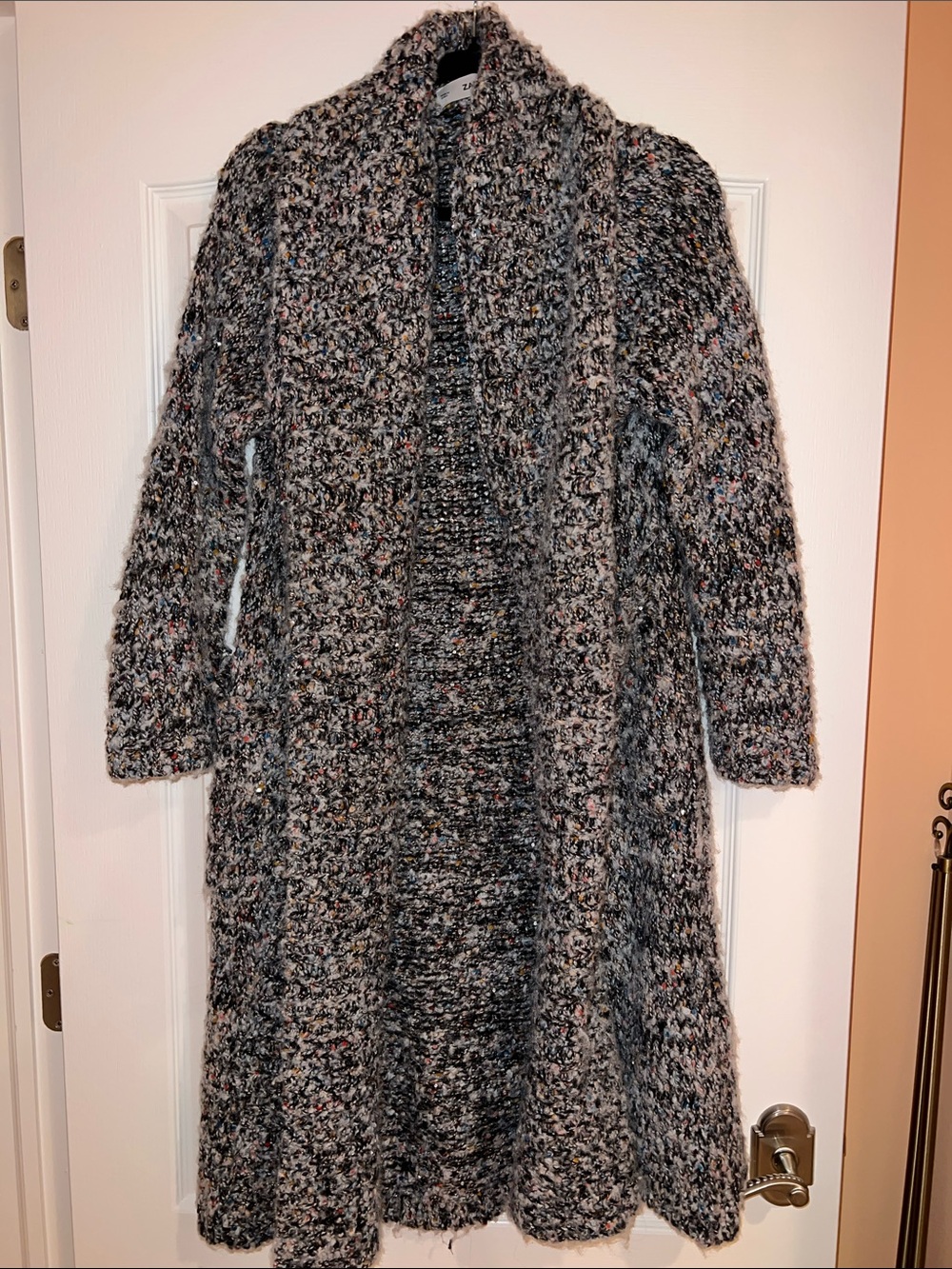 Zara Long Multicolor Bouclé Open Front Cardigan